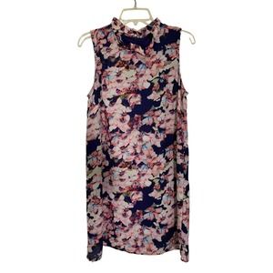 Cynthia Rowley Women's size 8 Peach & Navy Floral Shift Dress Mock Collar Lined